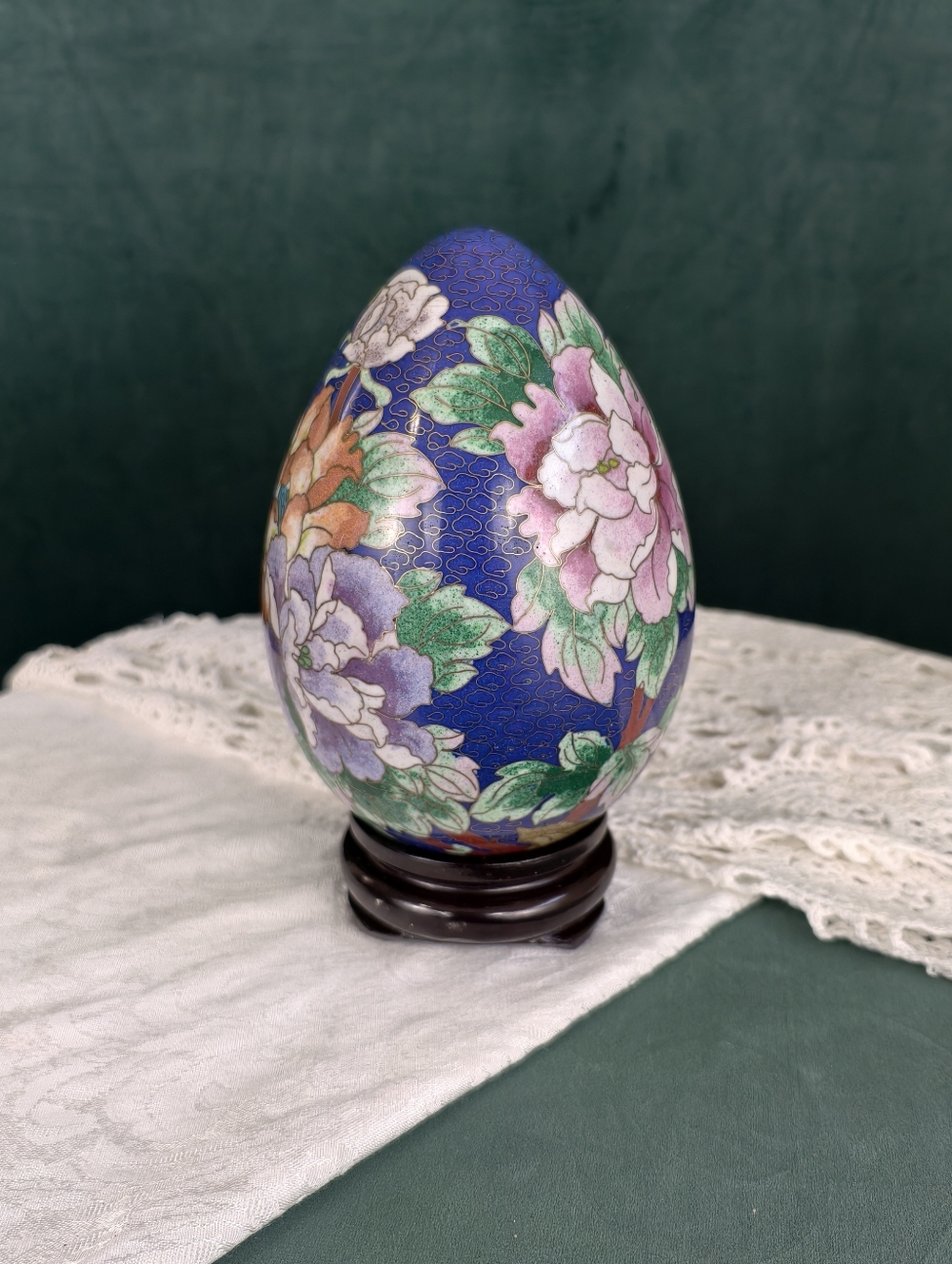 Vintage Medium Chinese Blue Floral Cloisonné Egg Ornament